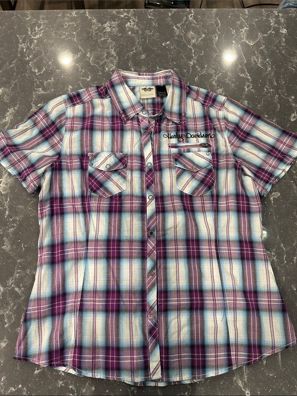 Harley-Davidson Purple and White Plaid Short-Sleeve Button-Up Shirt